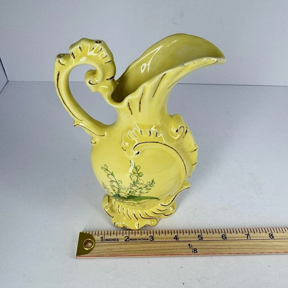 Yellow Ceramic Ewer‎ Pitcher Vase Ornate Floral Scrollwork Rococo Cottage Decor